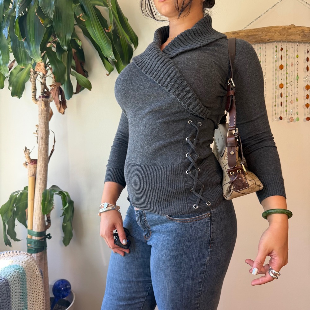 Style & Co Charcoal Gray Lace Up Wrap Sweater Y2K Tuscan Mom 3/4 Sleeve Small